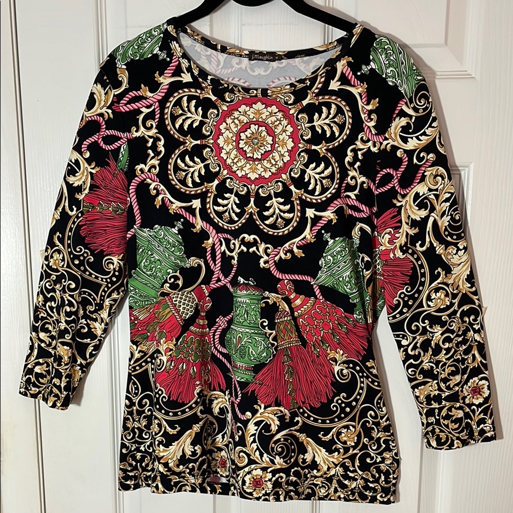 J. McLaughlin Catalina Baroque Urn Tassel’s medallion pullover 3/4 slv Europe M
